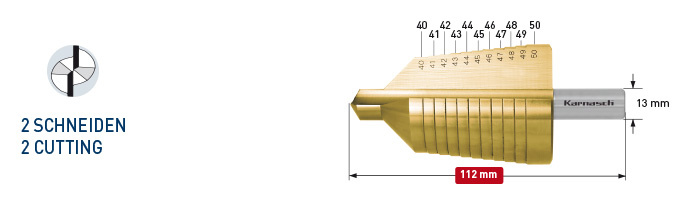 Ступенчатое сверло Karnasch 40-50 мм с покрытием Tin-Gold